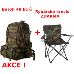 Akce batoh taktický 48 litů woodland + rybářské křeslo ZDARMA